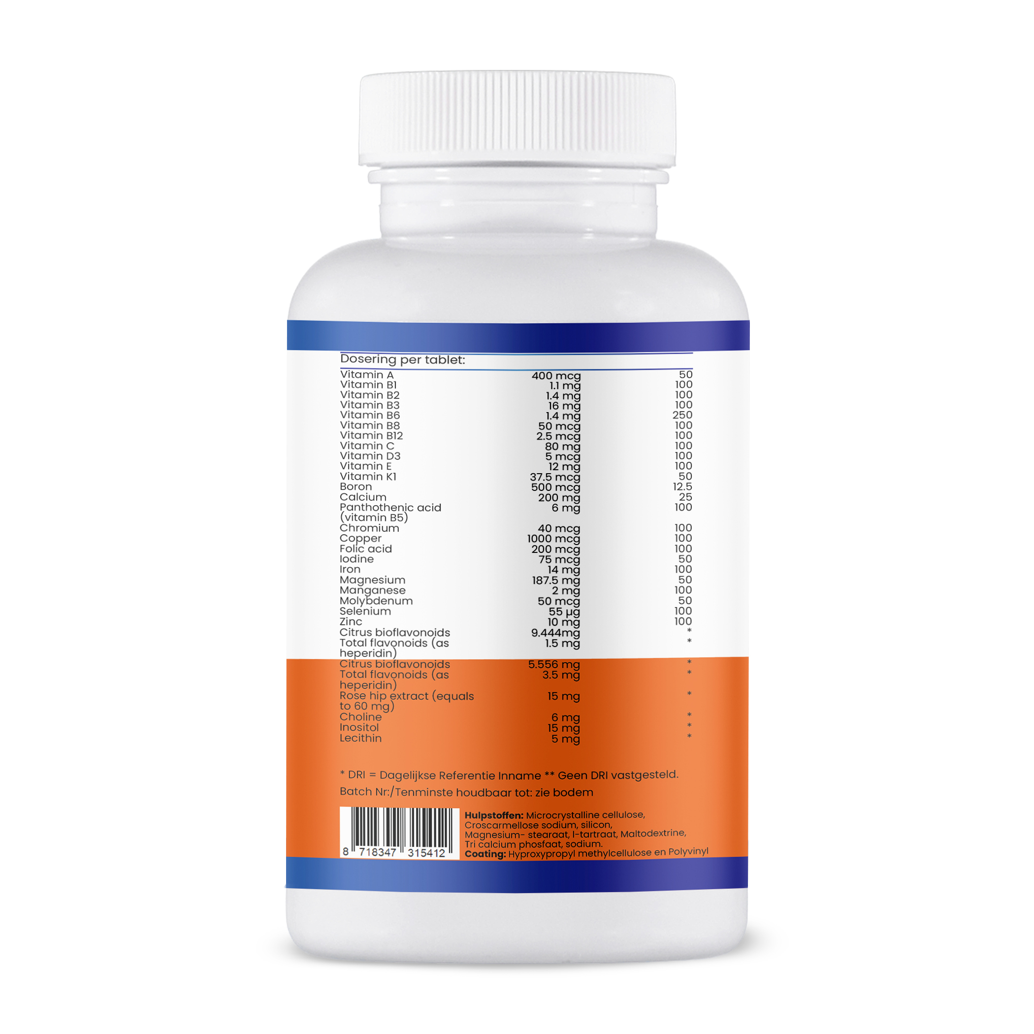 achterkant label multi vitaminen en mineralen 60 tabletten