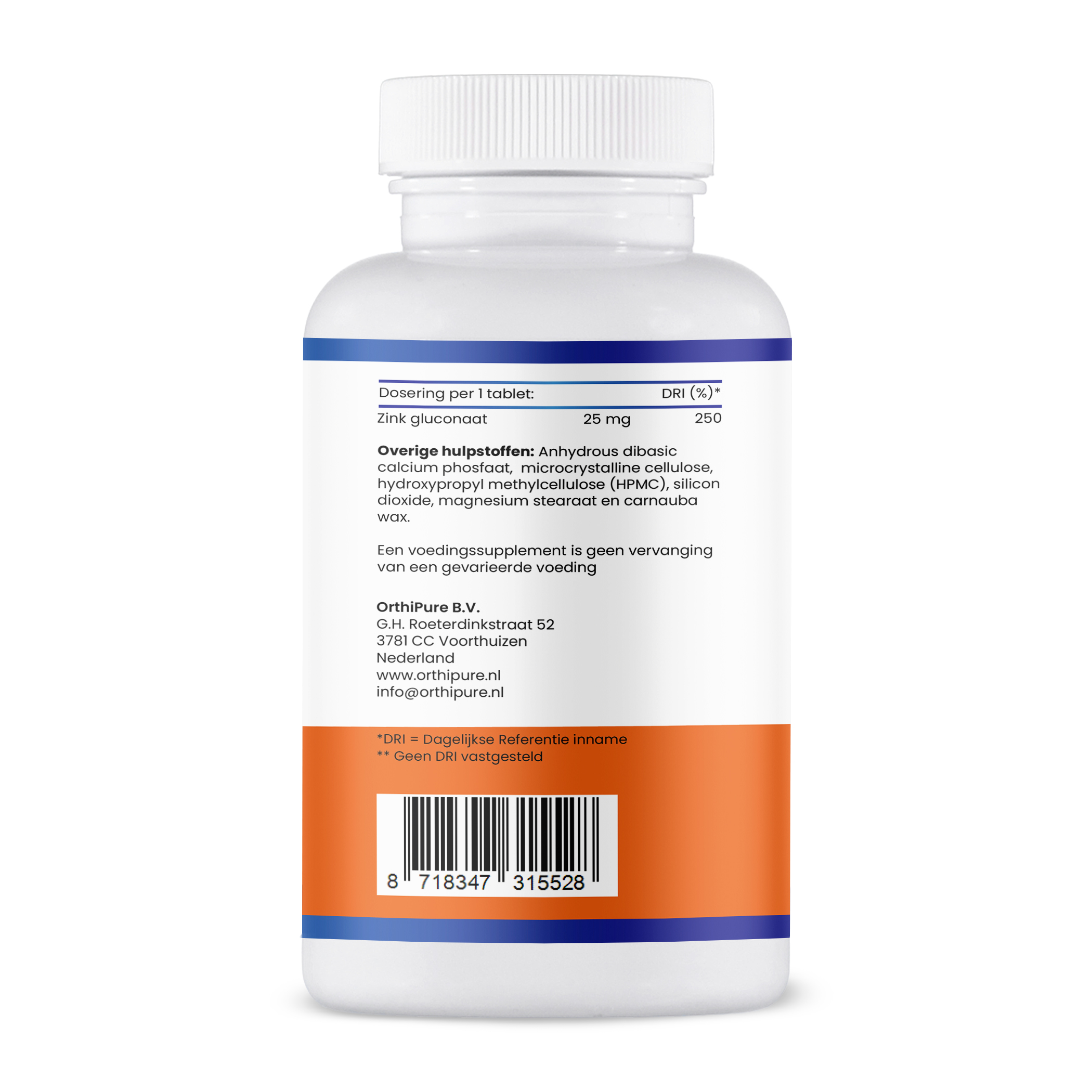 Achterkant etiket Zink Gluconaat 25mg