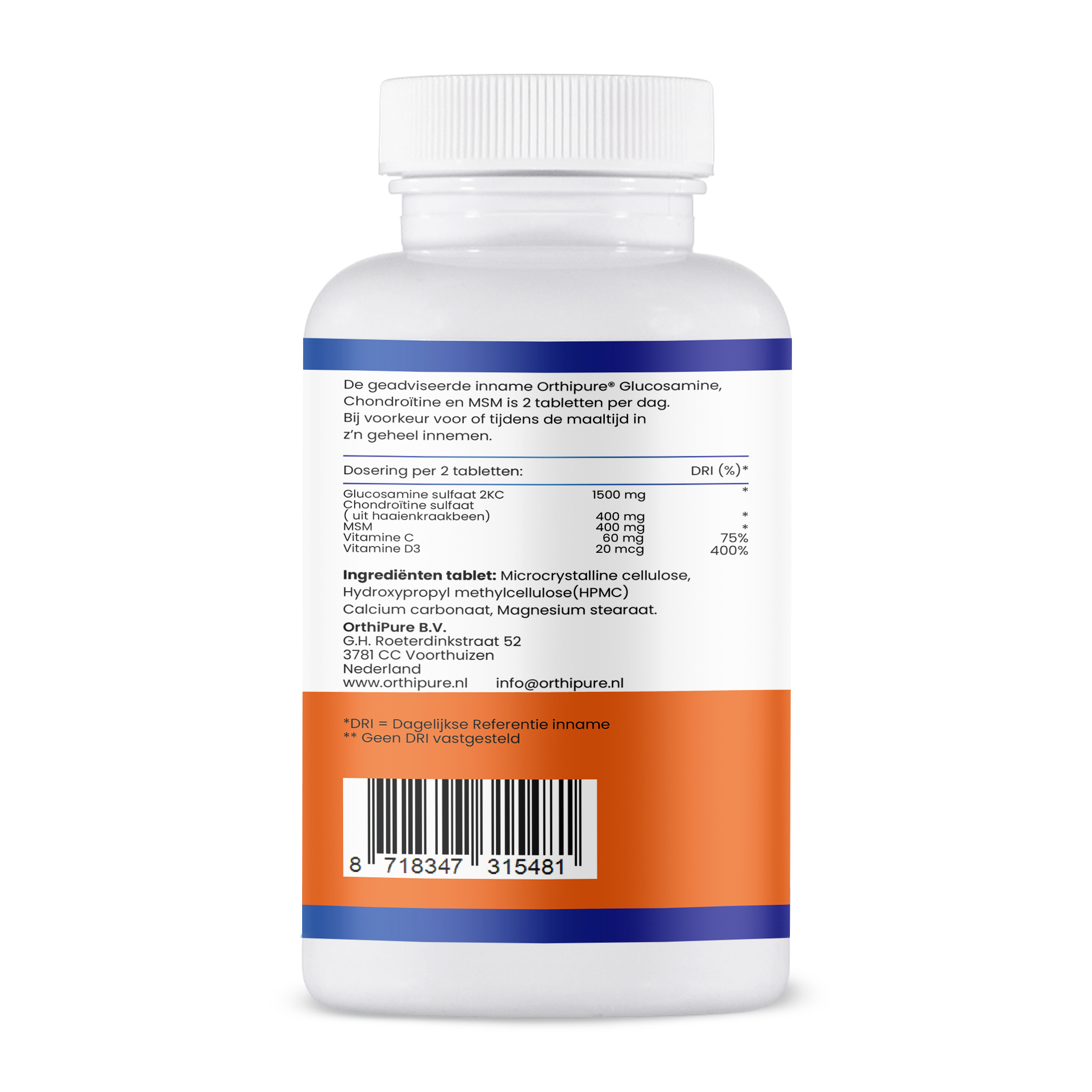 achterkant etiket glucosamine-chondroItine en MSM